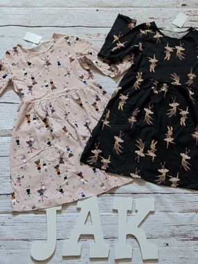 H&M Pink and Black Bunny Ballet Print Long Sleeve Dresses